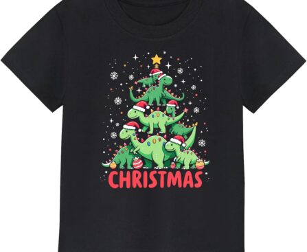 Christmas Shirts for Kids Featuring Cute Excavator Christmas Tree Dinosaur – Classic Crewneck Cotton Tees for Ages 2-7 Years