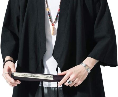 PRIJOUHE Men’s Kimono Jackets Cardigan Lightweight Casual Cotton Blends Linen Seven Sleeves Open Front Coat Outwear