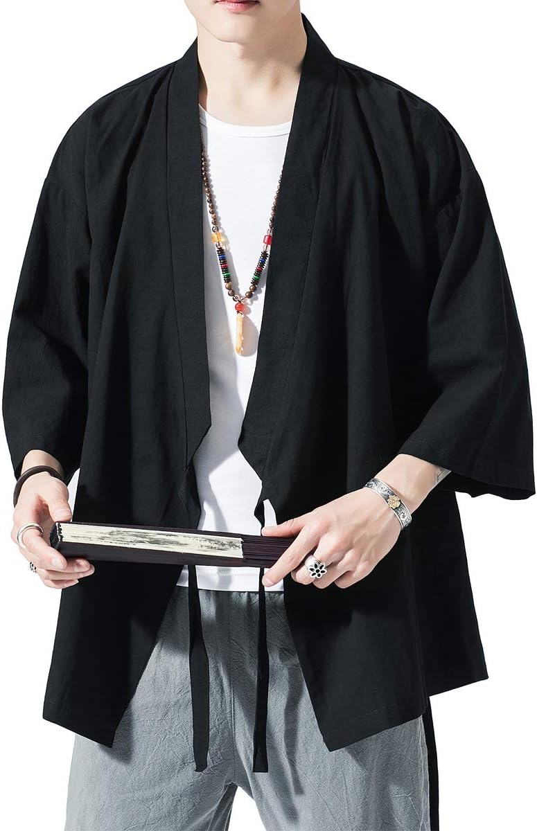 PRIJOUHE Men’s Kimono Jackets Cardigan Lightweight Casual Cotton Blends Linen Seven Sleeves Open Front Coat Outwear