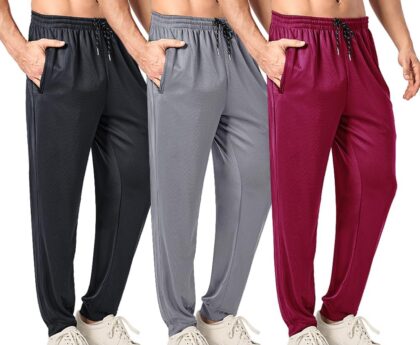 3PC Men’s Tapered Sweatpants with Zipper Pockets – Snag-Proof Mesh Jogger Pants, Breathable for Sports & Casual Wear