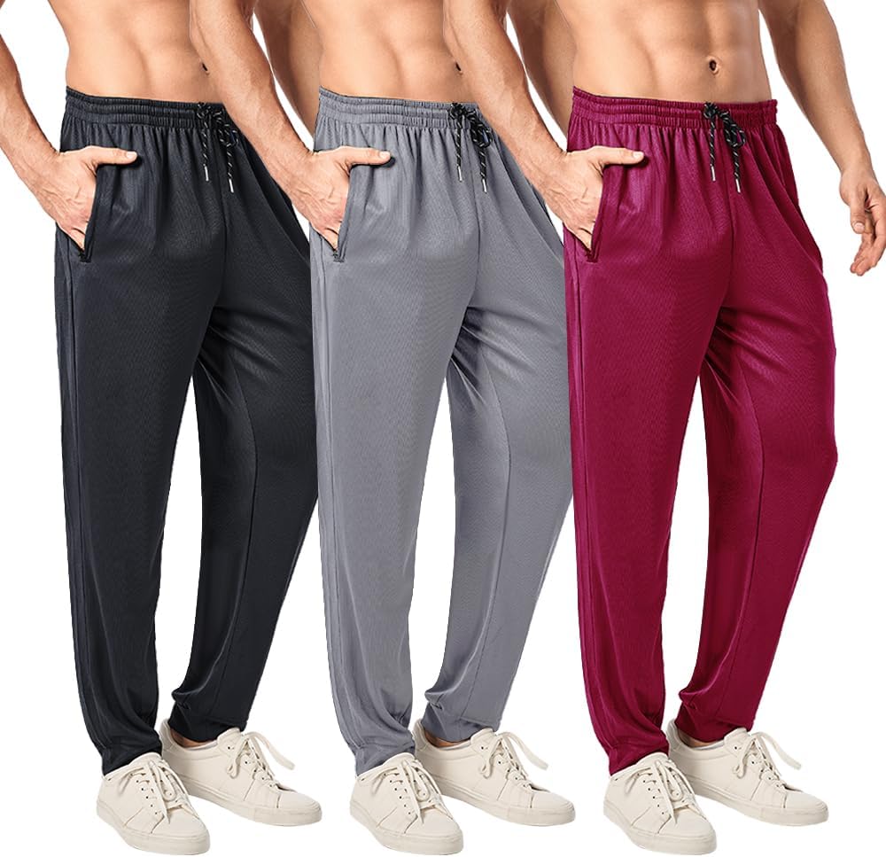 3PC Men’s Tapered Sweatpants with Zipper Pockets – Snag-Proof Mesh Jogger Pants, Breathable for Sports & Casual Wear