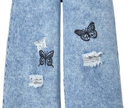 Nivne Tco Tween Girls Baggy Jeans, Wide Leg Zipper Denim Pants for Kids with Butterfly Embroidery & Ripped Detailing