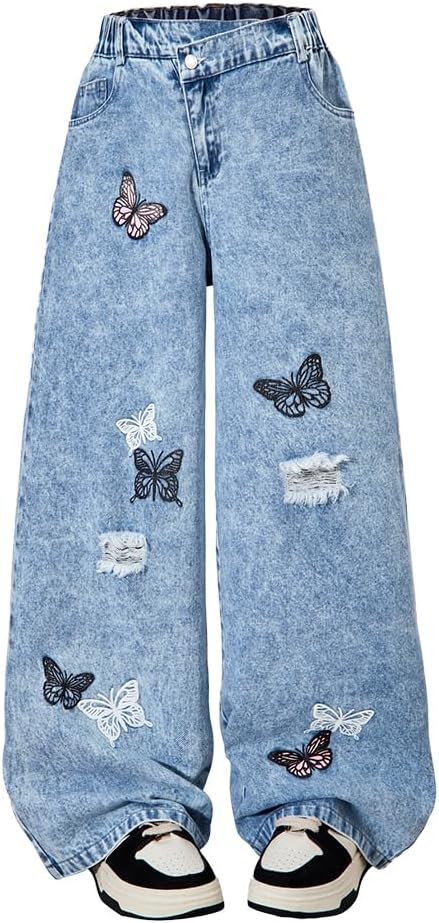 Nivne Tco Tween Girls Baggy Jeans, Wide Leg Zipper Denim Pants for Kids with Butterfly Embroidery & Ripped Detailing