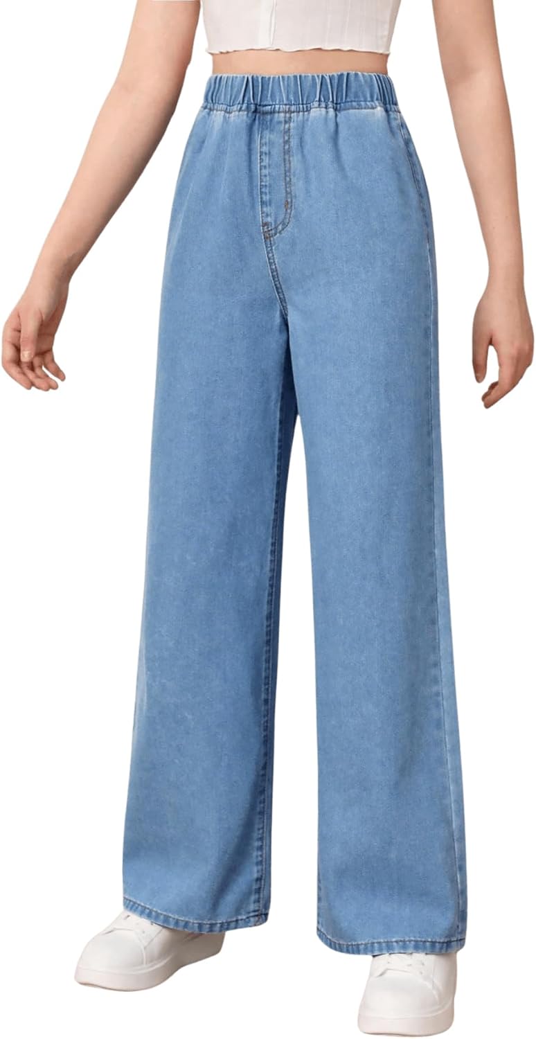 Floerns Girls Elastic Waist Wide Leg Jeans Loose Fit Baggy Denim Pants