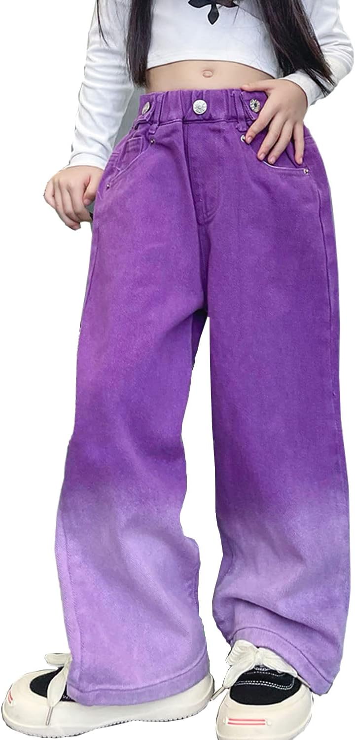 Girls’ Baggy Jeans Candy Colors High Rise Elastic Waist Wide Leg Washed Denim Pants Size 5-14 Years …