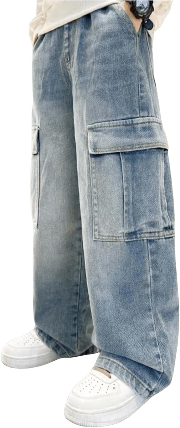 Verdusa Boys Jeans Baggy Vintage Straight Leg Denim Cargo Pants with Pockets 8-14 Years