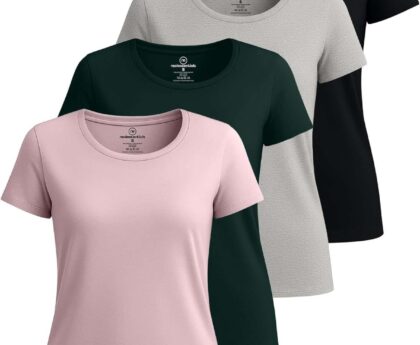 Real Essentials 4 Pack: Women’s Cotton Short Sleeve T-Shirt – Casual Scoop Crew Neck Tops Tee (Available in Plus Size)