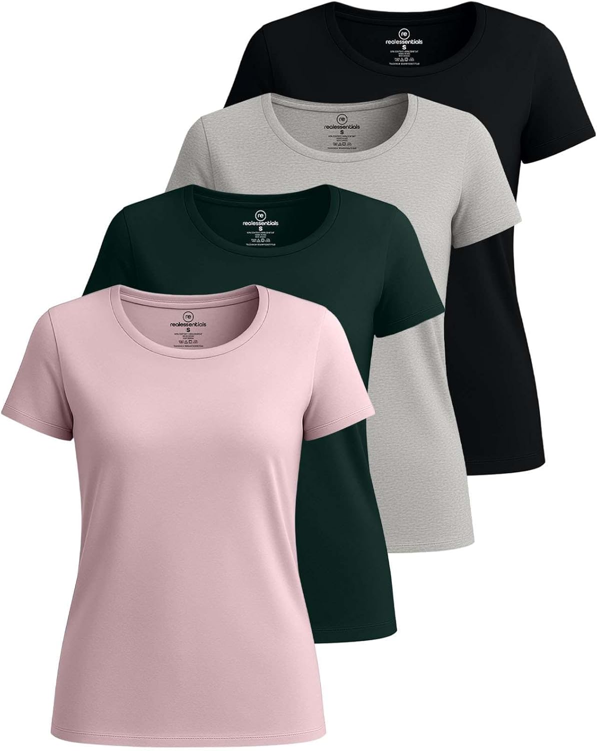 Real Essentials 4 Pack: Women’s Cotton Short Sleeve T-Shirt – Casual Scoop Crew Neck Tops Tee (Available in Plus Size)