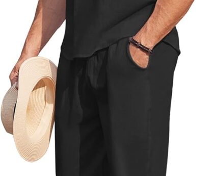 COOFANDY Men’s 2 Pieces Cotton Linen Set Long Sleeve Henley Shirts Casual Beach Pants With Pockets Summer Yoga Outfits