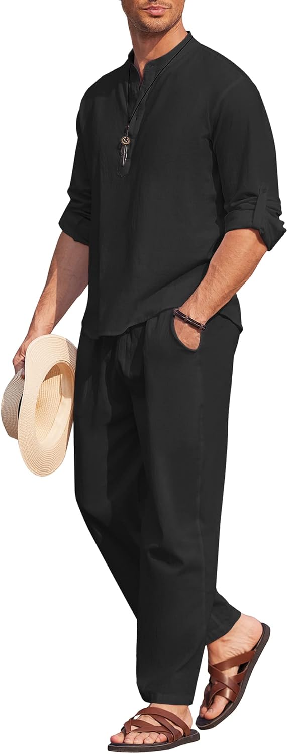 COOFANDY Men’s 2 Pieces Cotton Linen Set Long Sleeve Henley Shirts Casual Beach Pants With Pockets Summer Yoga Outfits