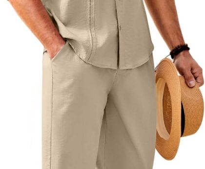 COOFANDY Mens Linen Sets 2 Piece Long Sleeve Button Down Cuban Shirt and Pants Set Summer Beach Set Outfits