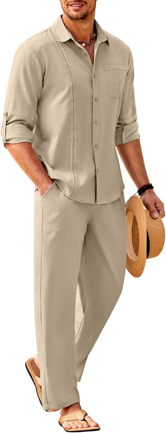 COOFANDY Mens Linen Sets 2 Piece Long Sleeve Button Down Cuban Shirt and Pants Set Summer Beach Set Outfits