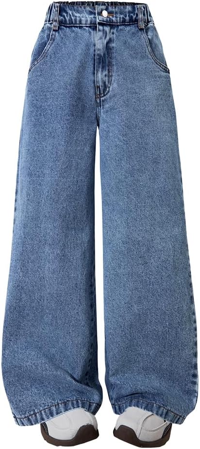 Nivne Tco Baggy Jeans for Tween Girls, Zipper Fly & Elastic Waist Denim Pants – Kids Wide Leg Jeans with Four Pockets