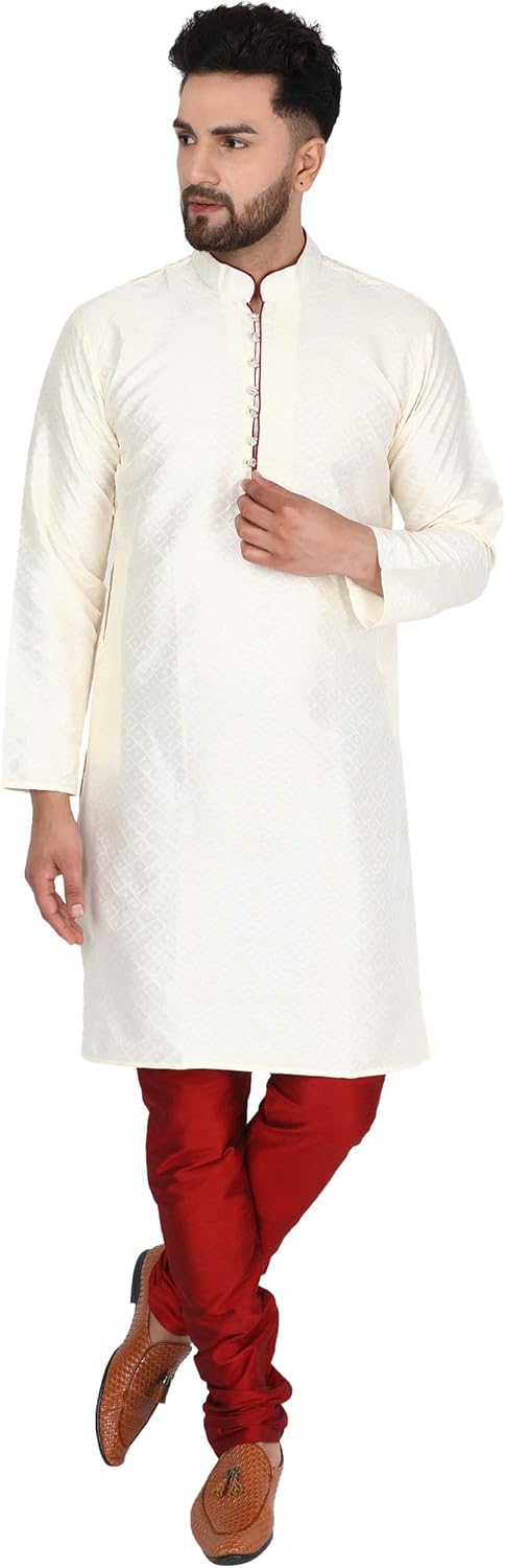 SKAVIJ Men’s Art Silk Indian Kurta Pajama Festive Season Dress Suit