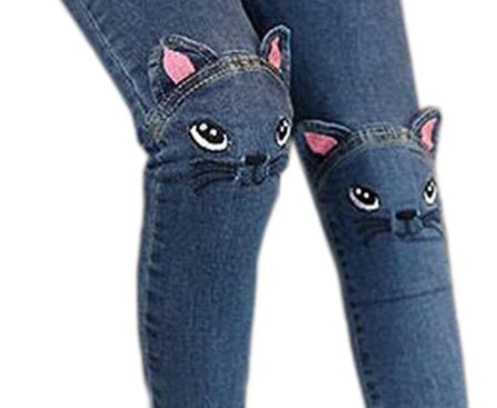 Big Girls Kids Distressed Ripped Hole Teens Jean Blue Cat Slim Denim Pants