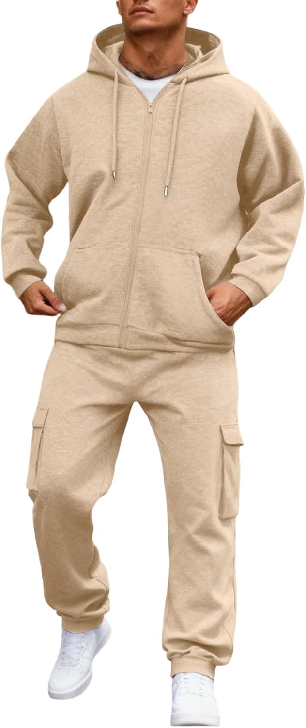 Men’s Fleece Lined Sweatsuits Zip Up Hooded 2 Piece Set Tracksuit Oversized Sweatshirt Jacket Cargo Joggers