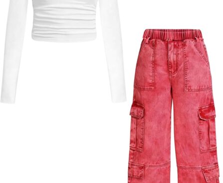 Tween Girls Clothes 2 Piece Long Sleeve Top + Denim Cargo Pants, Teen Girls Fall Clothing Set, Sizes 5-12 Years