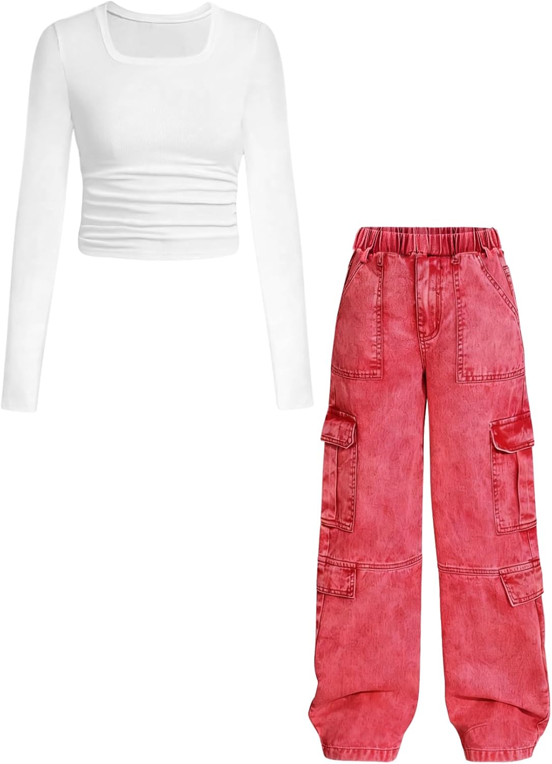 Tween Girls Clothes 2 Piece Long Sleeve Top + Denim Cargo Pants, Teen Girls Fall Clothing Set, Sizes 5-12 Years