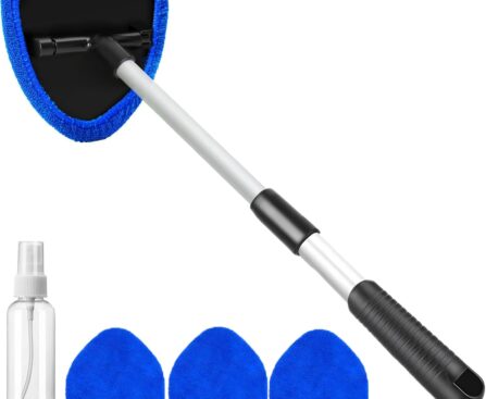desin Windshield Cleaning Tool, Car Window Cleaner Windshield Cleaner with 4 Reusable and Washable Microfiber Pads and Extendable Handle Auto Inside Glass Wiper Kit (Dark Blue)