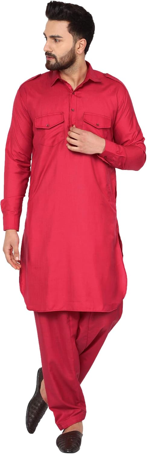 SKAVIJ Men’s Tunic Cotton Pathani Kurta Pajama Set Indian Casual Dress Suit