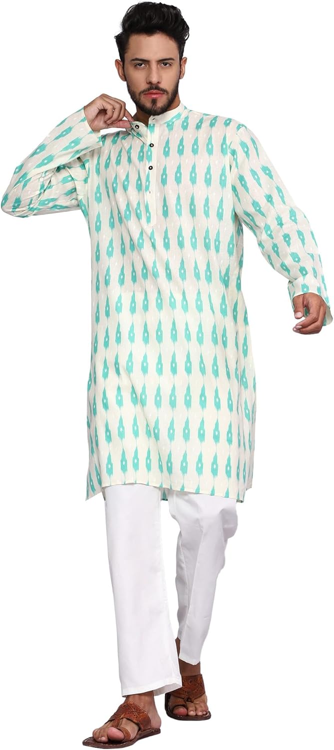 TOSQP27 Mens Pure Cotton Kurta Pajama Set Gift Printed Knee-Length Casual Wear Ethnic Long Sleeve Top for Wedding Festival