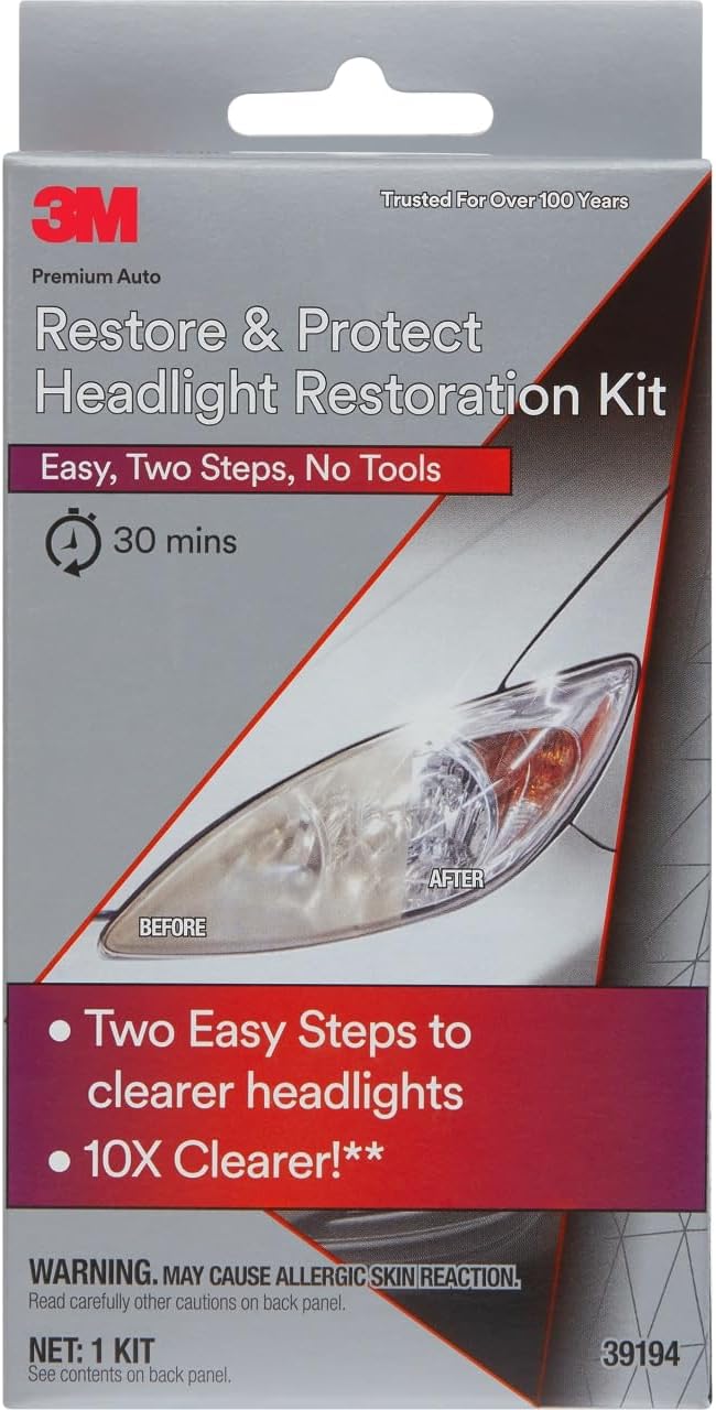 3M Auto Restore and Protect Headlight Restoration Kit, Use On Plastic Lenses, Headlights, Taillight, Fog Lights and More, Includes Sanding Discs, Headlight Clear Coat Wipes, Foam Pad and Glove (39194)