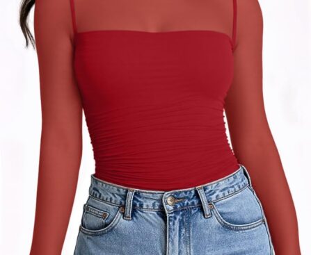 LILLUSORY Womens Long Sleeve Mesh Tops Mock Neck See Through Lace Shirts Sheer Going Out Sexy 2025 Fall Fashion Outfits