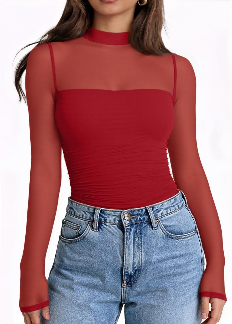 LILLUSORY Womens Long Sleeve Mesh Tops Mock Neck See Through Lace Shirts Sheer Going Out Sexy 2025 Fall Fashion Outfits