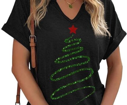 Earlymemb Womens Christmas V Neck Shirt Funny Xmas Holiday Graphic Short Sleeve Tee Family Holiday T-Shirt Blouse