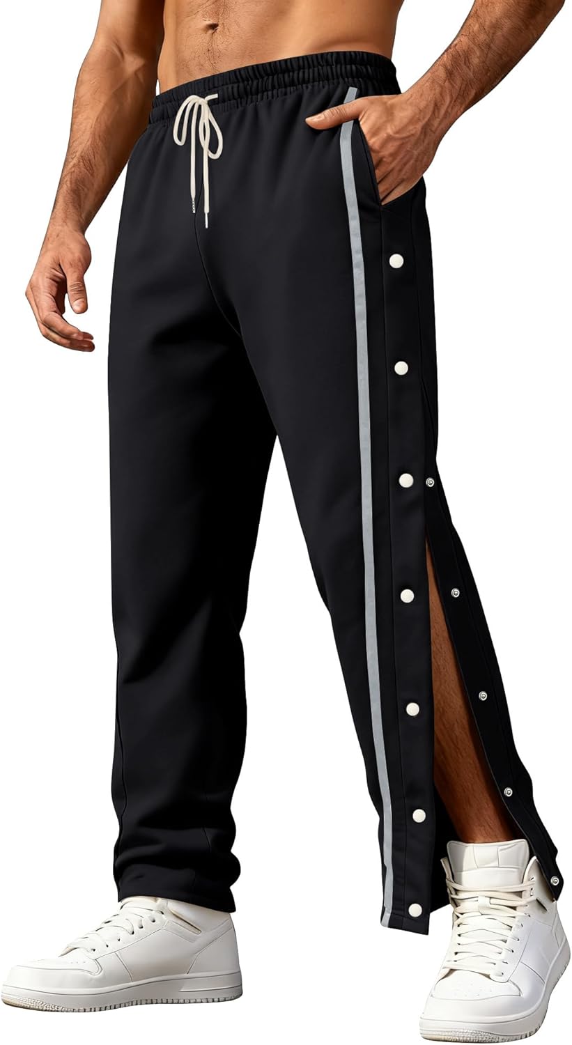 Men’s Youth Tear Away Sweatpants Loose Fit Snap Button Athletic Jogger Basketball Pants with Pockets