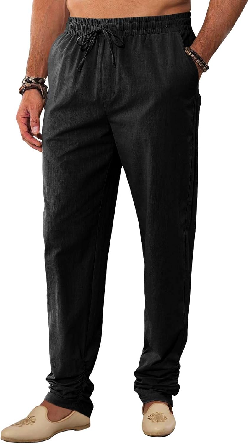 Runcati Mens Kaftan Thobe Pants Cotton Casual Elastic Waist Drawstring Muslim Trousers Summer Yoga Kurta Pants with Pockets