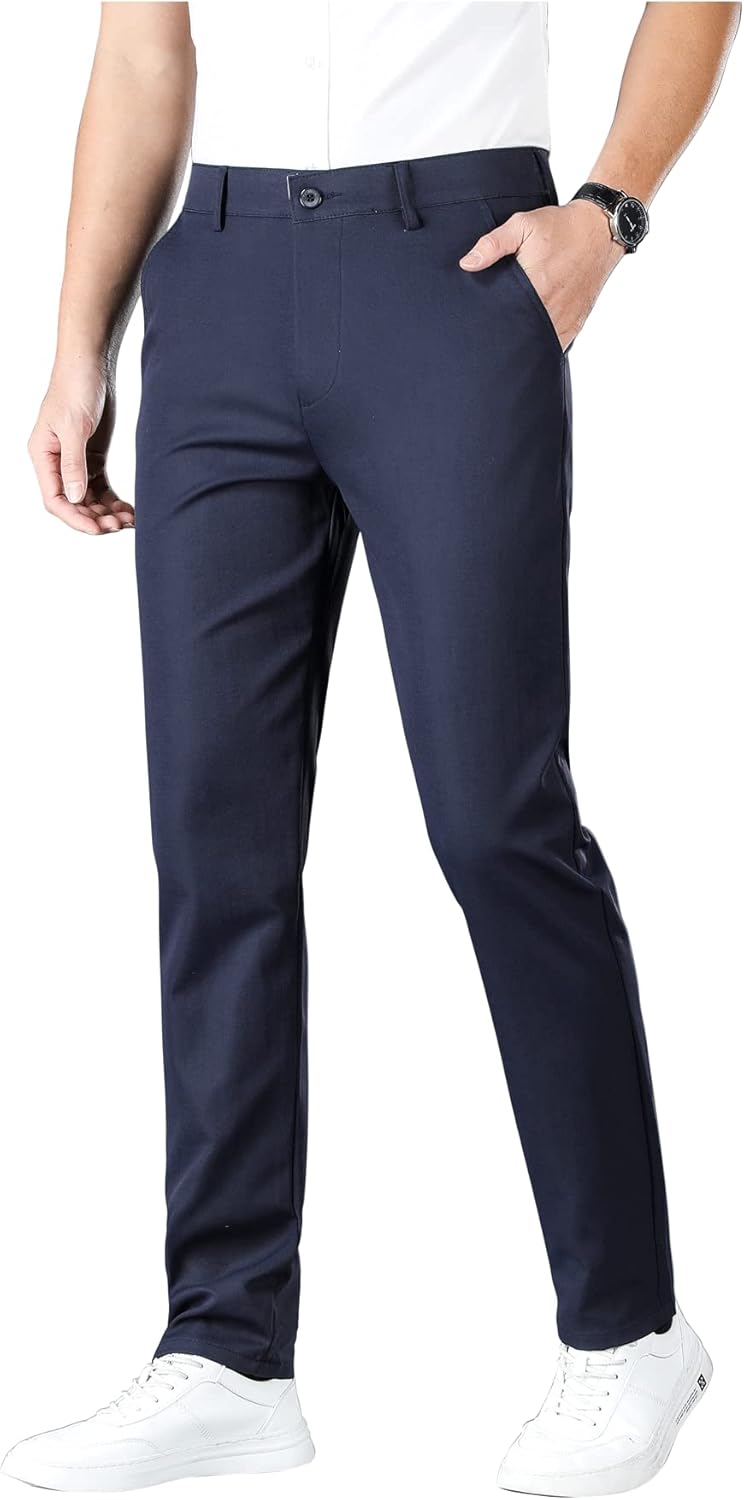 ESSYSHE Men’s Slim Fit Flat Front Dress Pants Wrinkle Free Khaki Pants