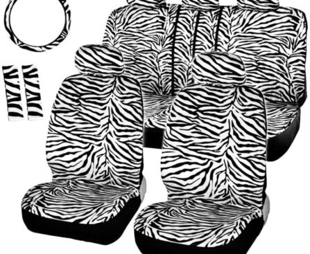 AUTOFAN Zebra Car Seat Covers for Full Set with 2 Seat Belt Pads & Universal 15 Inch Steering Wheel Cover Fit for Cars, Trucks, SUV, or Van