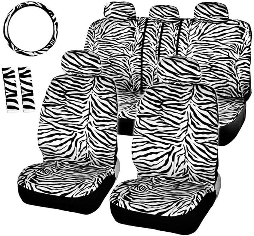 AUTOFAN Zebra Car Seat Covers for Full Set with 2 Seat Belt Pads & Universal 15 Inch Steering Wheel Cover Fit for Cars, Trucks, SUV, or Van