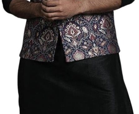 Elina fashion Men’s Indian Cotton Kurta Pajama And Printed Nehru Jacket (Waistcoat) Indian Wedding Ethnic Diwali Puja Set