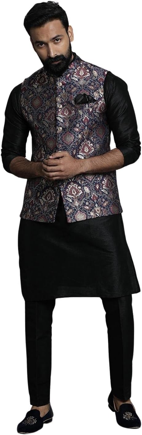 Elina fashion Men’s Indian Cotton Kurta Pajama And Printed Nehru Jacket (Waistcoat) Indian Wedding Ethnic Diwali Puja Set