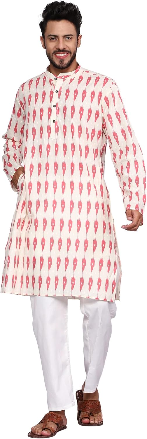 TOSQP27 Mens Pure Cotton Kurta Pajama Set Gift Printed Knee-Length Casual Wear Ethnic Long Sleeve Top for Wedding Festival