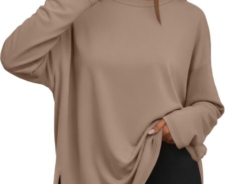 Trendy Queen Oversized Side Slit Tshirts for Women Long Sleeve Workout Tops Fall Fashion Gym Casual Tees Basic Y2K Clothes