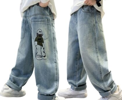 Nivne Tco Boys Baggy Jeans, Y2K Pants with Cartoon Embroidery – Fashion Loose Fit Casual Pants with Pockets for Kids.