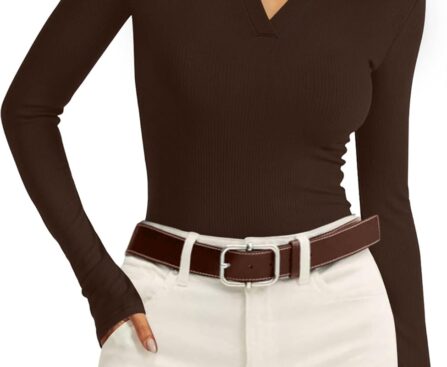 WIHOLL Womens Polo Shirts Long Sleeve Business Casual Tops Collared V Neck Ribbed Knit Sweater Slim Fit Blouses