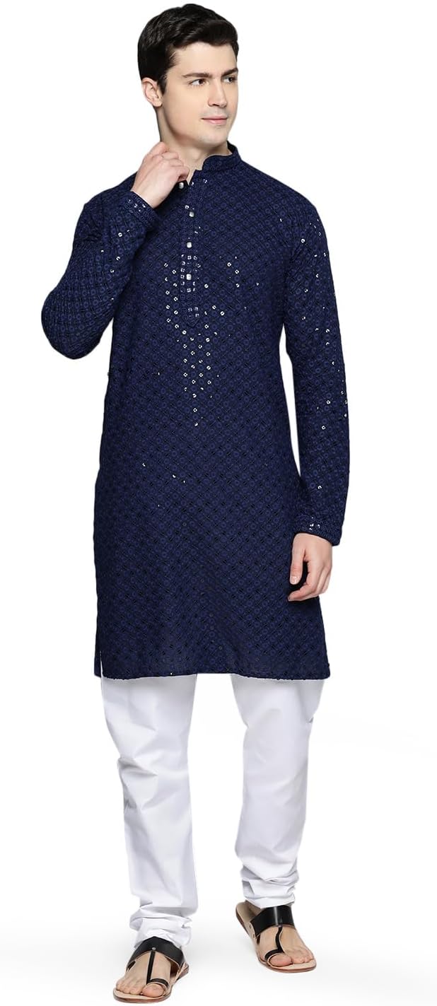 Maple Clothing Sequined Indian Cotton Men’s Kurta Pajama Chikankari Embroidered Wedding Guest Outfit