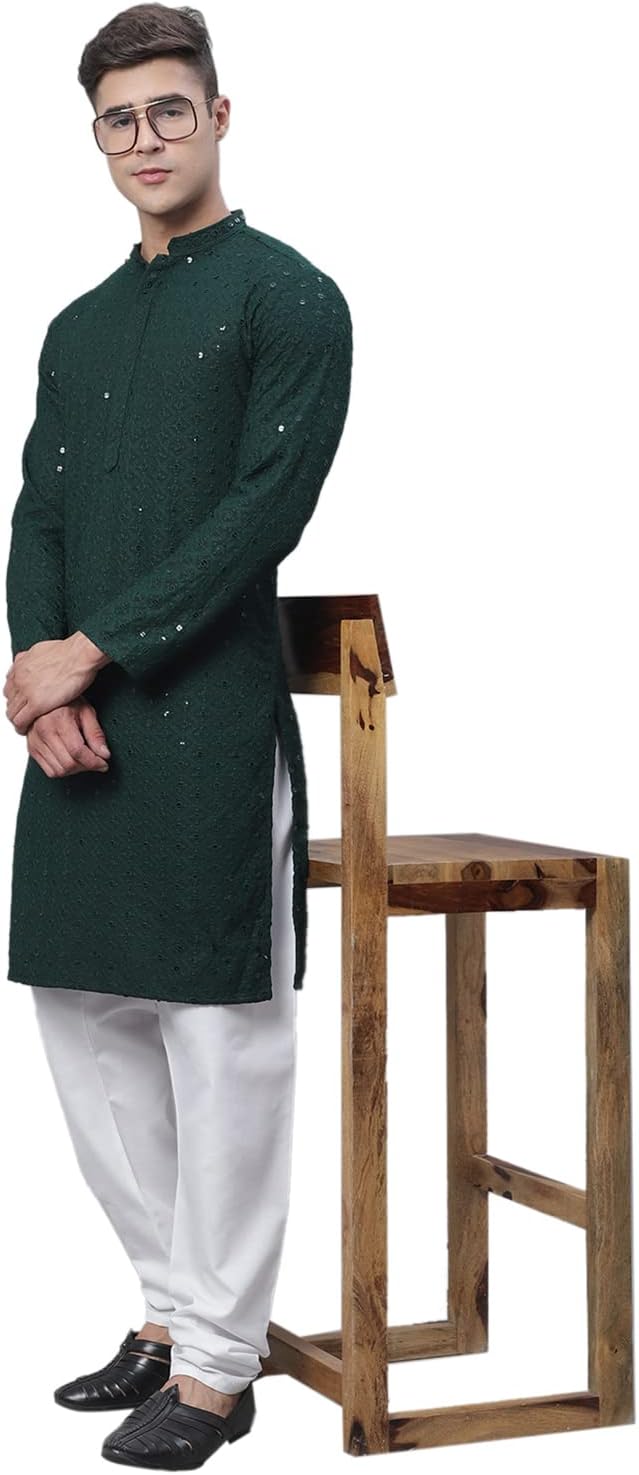 Sojanya (Since 1958 Men’S Pure Cotton Green Embroidered Sequined Kurta And White Pyjama Set