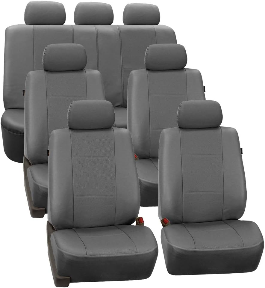 FH Group Three Row Car Seat Covers Deluxe Leatherette with 7 Seater, Airbag Compatible and Rear Split Bench– Universal Fit for Cars Trucks & SUVs (Gray)