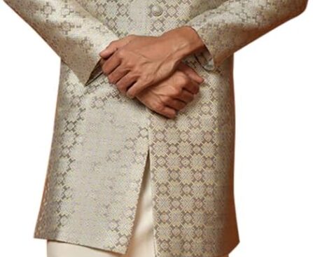 KISAH Men’s Grey and Cream Indo Western Kurta Sherwani Churidar Set Cotton Full Sleaves, Knee Length, Straight, Ethnic Wear