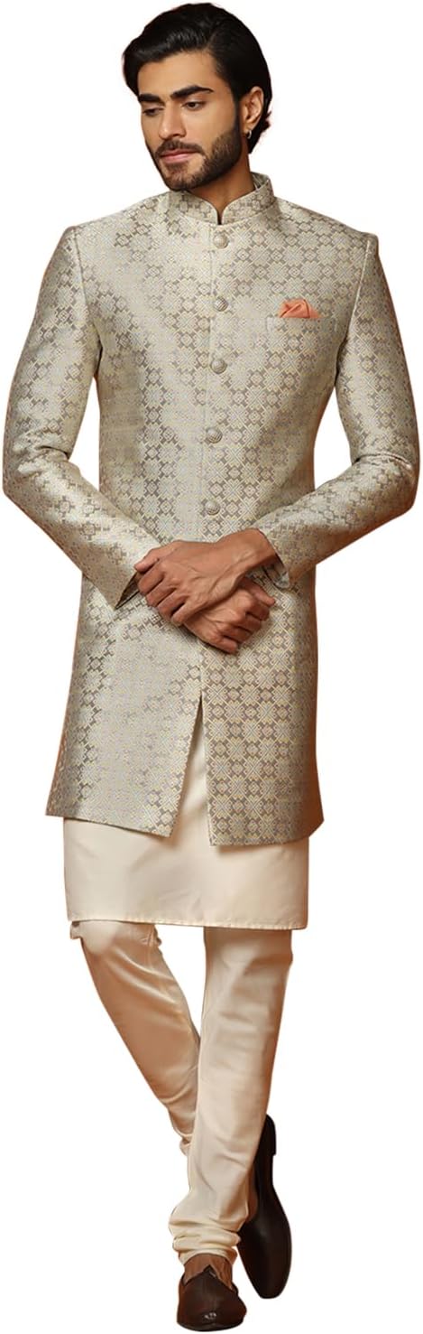 KISAH Men’s Grey and Cream Indo Western Kurta Sherwani Churidar Set Cotton Full Sleaves, Knee Length, Straight, Ethnic Wear