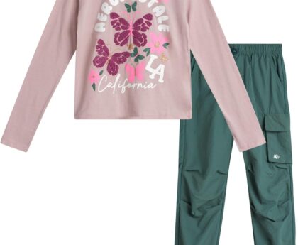 AEROPOSTALE Girls Pants Set – 2 Piece All Over Print Graphic Tee and Denim Cargo Pants – Casual Outfit for Girls (7-12)