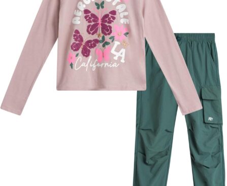 AEROPOSTALE Girls Pants Set – 2 Piece All Over Print Graphic Tee and Denim Cargo Pants – Casual Outfit for Girls (7-12)