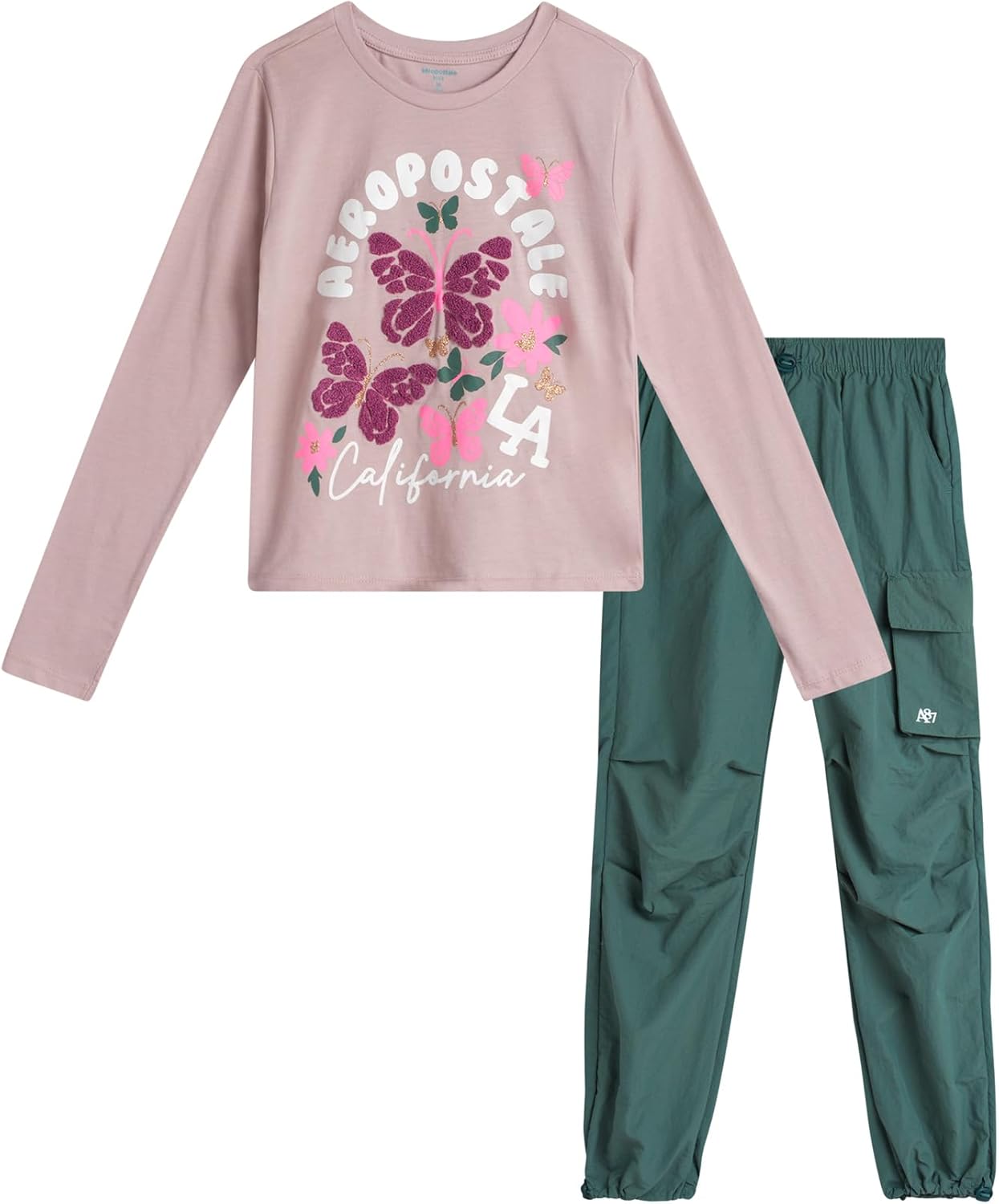 AEROPOSTALE Girls Pants Set – 2 Piece All Over Print Graphic Tee and Denim Cargo Pants – Casual Outfit for Girls (7-12)