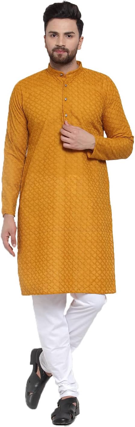 Maple Clothing Men’s Chikankari Kurta Pajama Cotton Indian Wedding Outfit Party Bollywood Dress