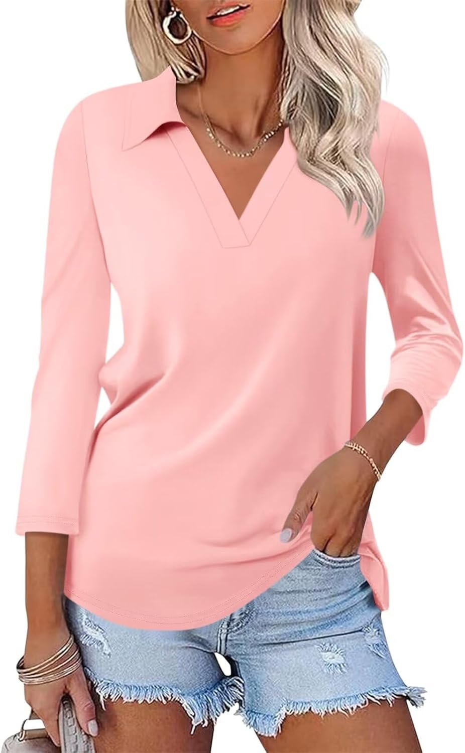 ORANDESIGNE Women’s 3/4 Sleeves V Neck Polo Shirts Casual Summer Tops Basic Collar Cute Tees